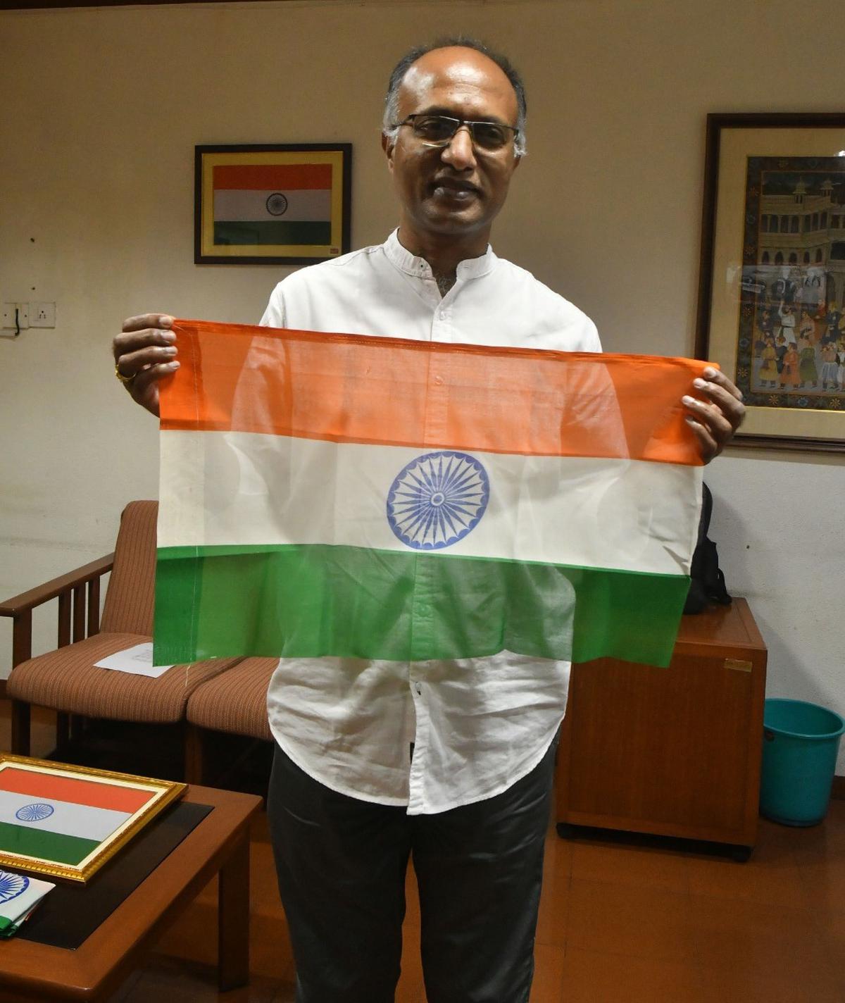 P.V.S. Reddy with the National Flag being sold across all post offices in Telangana by the Postal department as part of Har Ghar Tiranga 2.0.