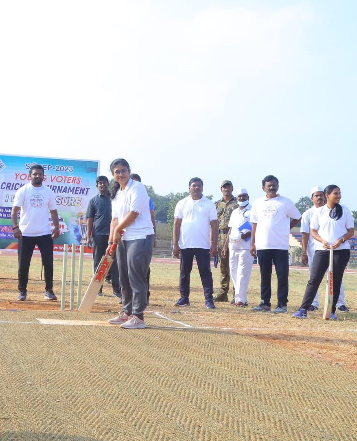 District Collector of Hanumakonda Sikta Patnaik trying her hand at playing a shot in the cricket match organised to create awareness among young voters on Sunday.