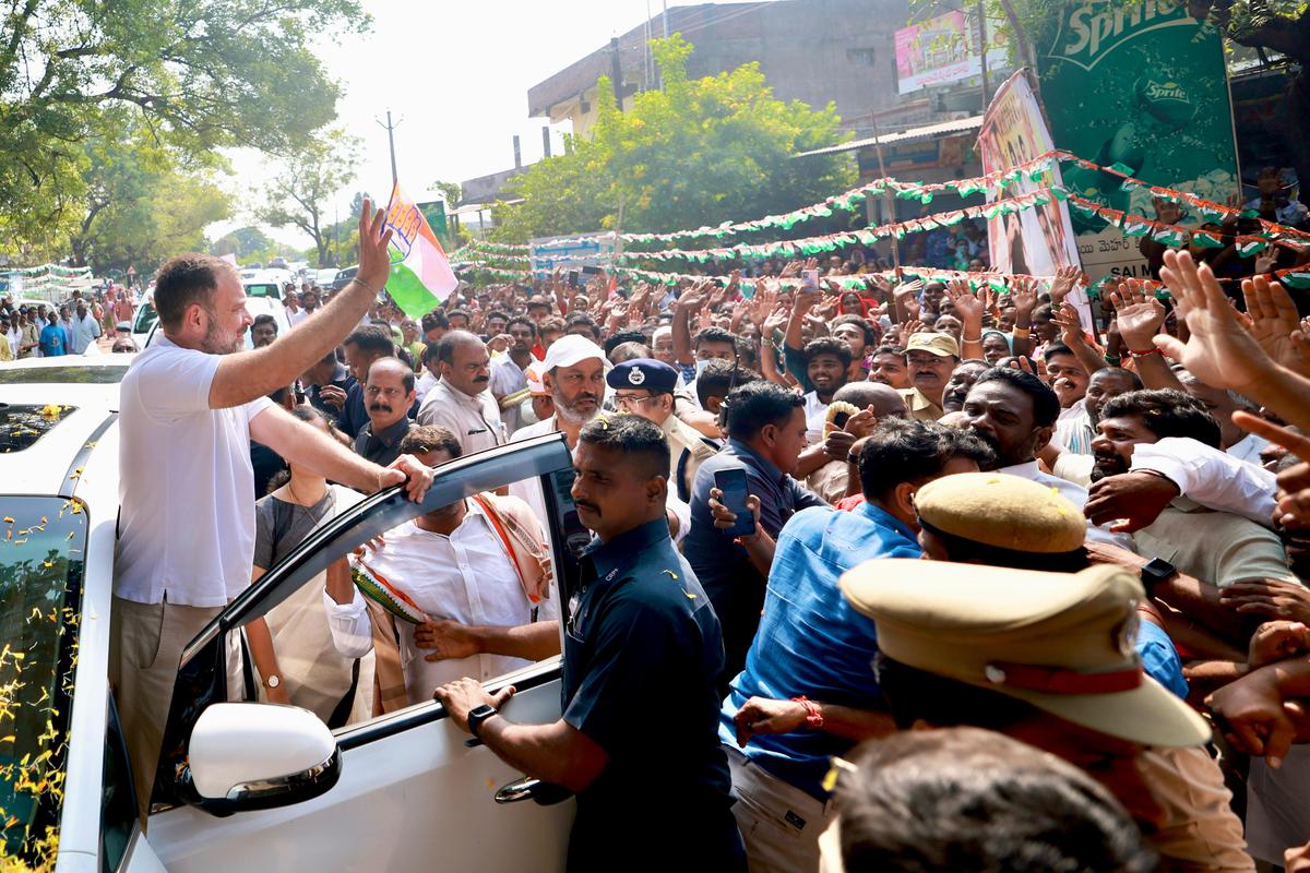 Congress MP Rahul Gandhi greets the crowd during his tour of Karimnagar and Nizamabad districts on October 20, 2023.