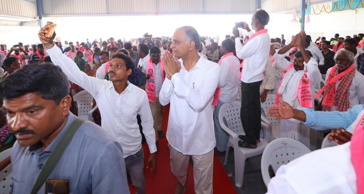 BRS leader T. Harish Rao greeting party ranks at a meeting held at Papannapet in Medak Lok Sabha constituency on April 5, 2024.