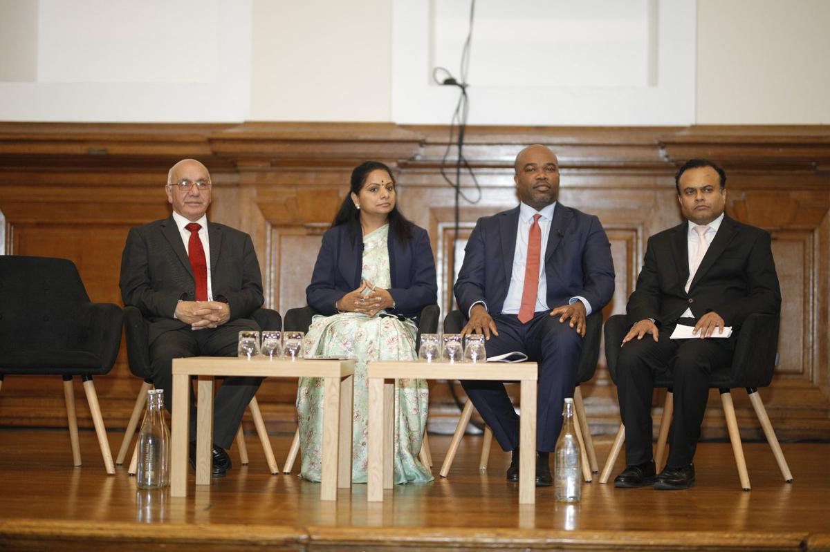 BRS MLC K. Kavitha taking part in a group discussion on women’s participation in democratic process at Westminster, London, on Friday night.