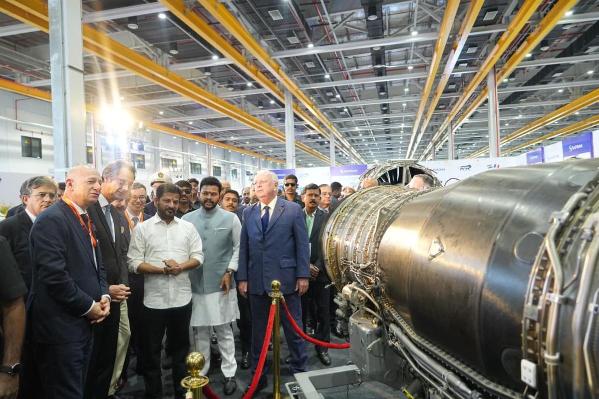 Telangana Chief Minister A .Revanth Reddy, Union Minister K. Ram Mohan Naidu at the Safran facility in Hyderabad on Wednesday. Telangana Chief Minister A .Revanth Reddy, Union Minister K. Ram Mohan Naidu at the Safran facility in Hyderabad on Wednesday.