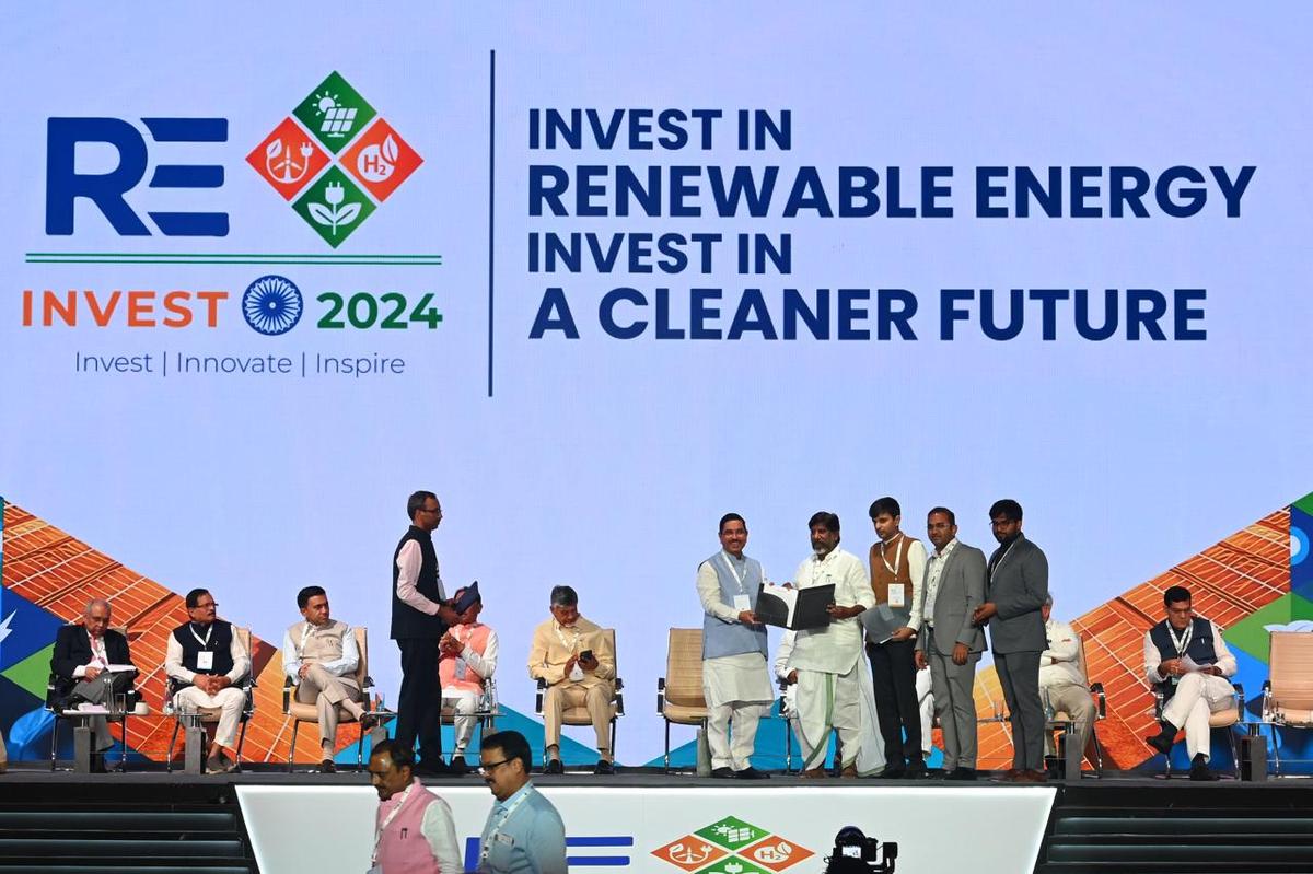 Deputy CM Mallu Bhatti Vikramarka at the RE-Invest 2024, the investors summit organised in Gandhinagar, Gujarat on Monday. Also seen in the picture is AP CM N. Chandrababu Naidu and others.