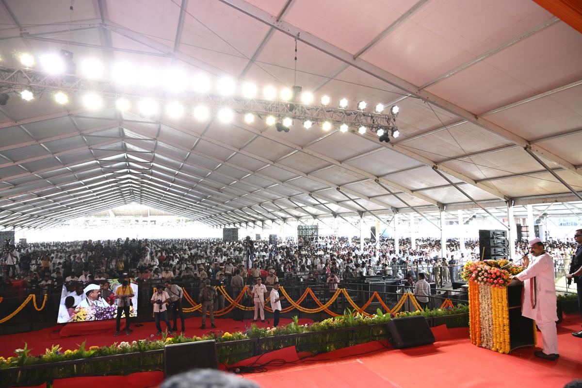 TPCC president Mahesh Kumar Goud addressing the Congress workers meeting in Hyderabad attended by AICC president Mallikarjun Kharge on July 4, 2025. TPCC president Mahesh Kumar Goud addressing the Congress workers meeting in Hyderabad attended by AICC president Mallikarjun Kharge on July 4, 2025.