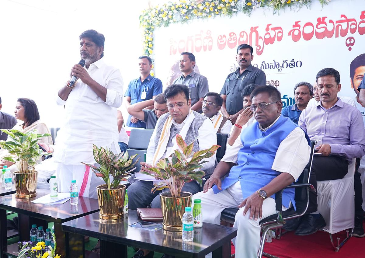Deputy CM M. Bhatti Vikramarka speaking after laying foundation stone for construction of SCCL guest house in Hyderabad on Tuesday.