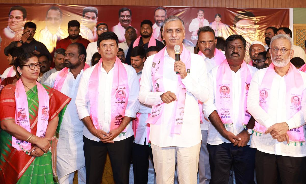 BRS leader Harish Rao speaking at a meeting in Malkajgiri constituency on Wednesday after local BJP leaders joined the party.