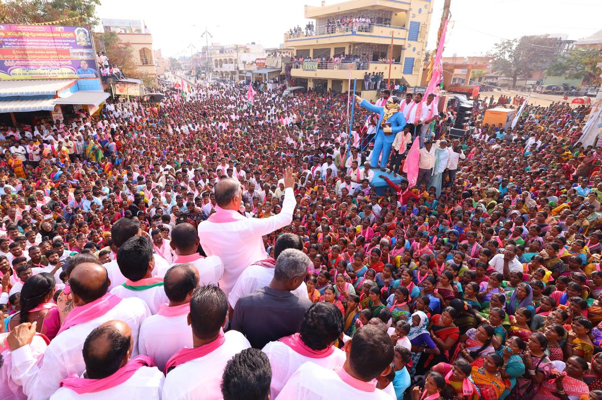 BRS leader T. Harish Rao speaking at a roadshow in Wargal of Gajwel constituency on Monday.