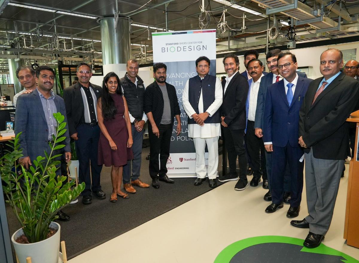 Telangana delegation led by Chief Minister A Revanth Reddy and Industries Minister D Sridhar Babu interacting with the representatives of Stanford Byers for Biodesign in California on August 9, 2024.