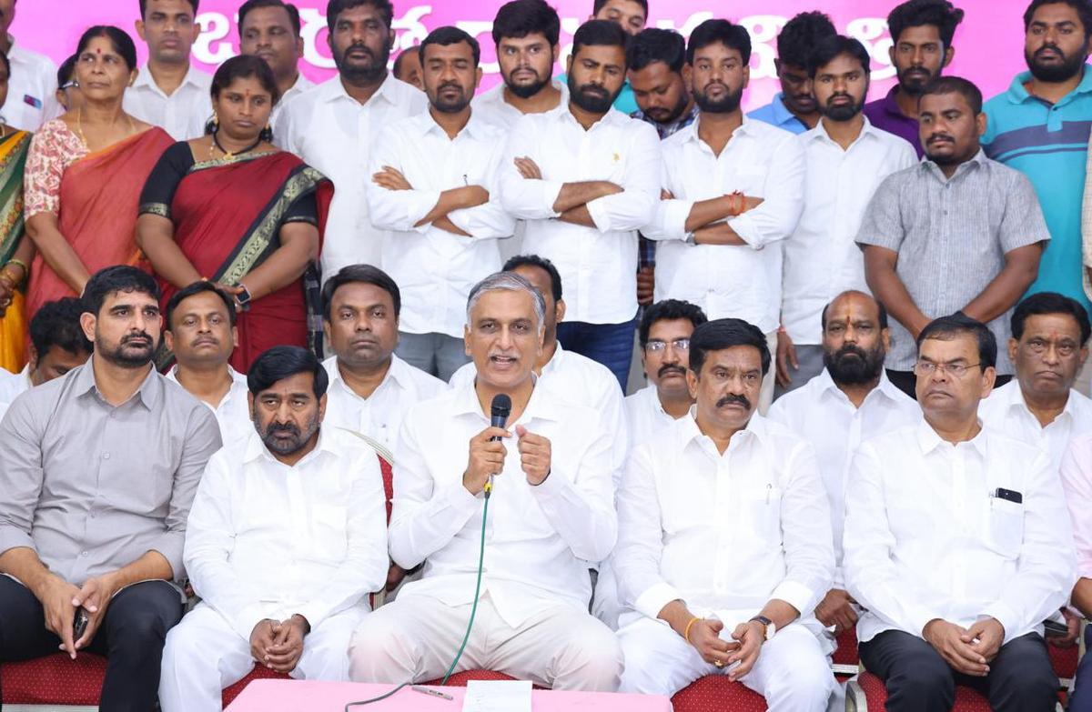 T. Harish Rao and other BRS leaders speaking to newspersons in Hyderabad after MLC Kavitha’s arrest on Friday.