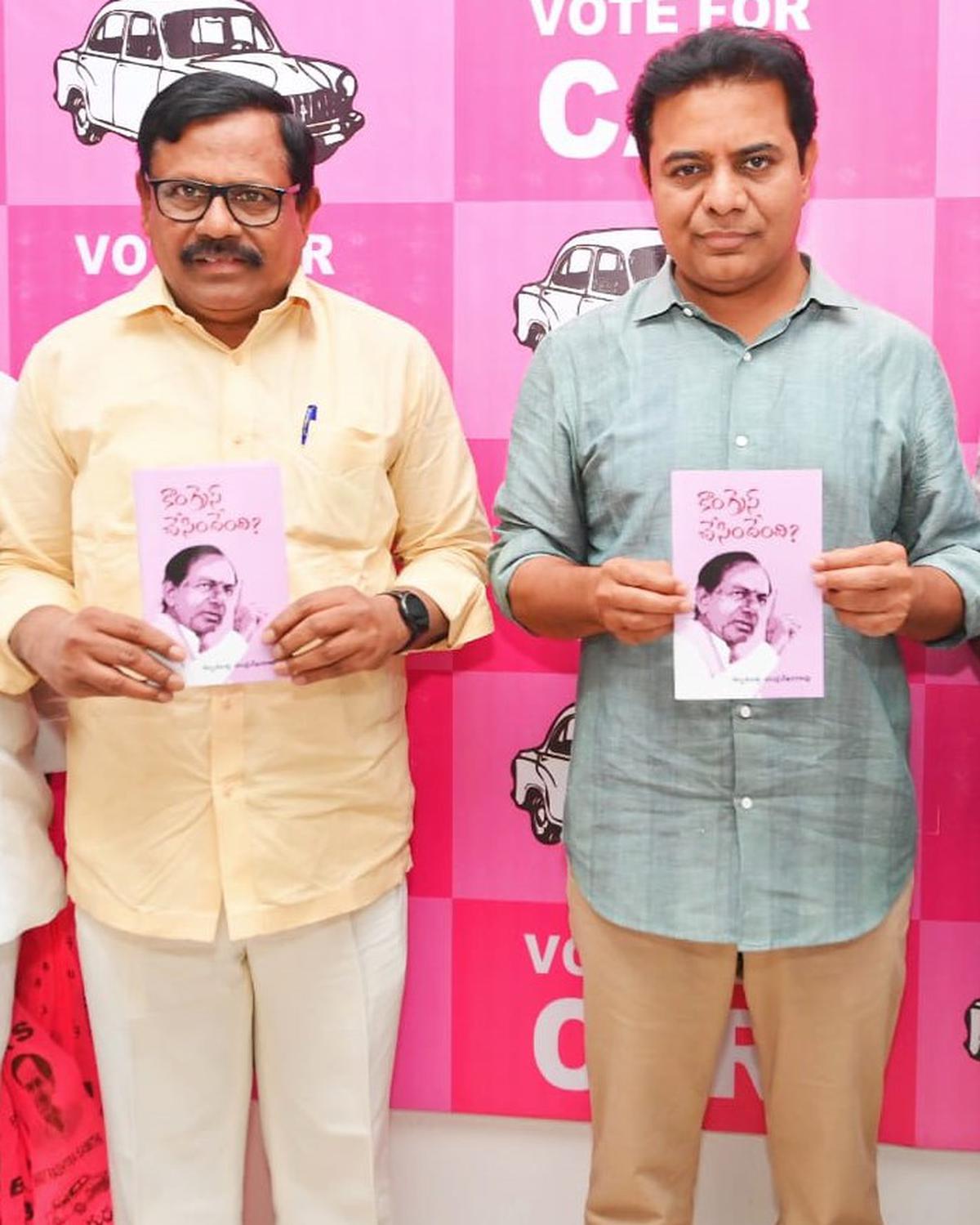 BRS working president K.T. Rama Rao releasing a compilation of articles by Telangana Sahitya Akademi Chairman Juluri Gowrishankar in Hyderabad on Monday.