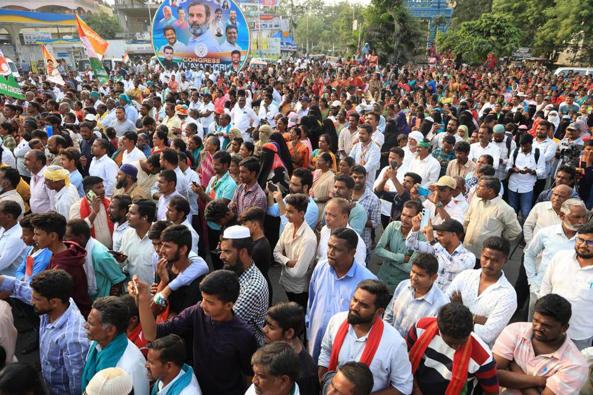 A view of the crowd at the street corner meeting of Rahul Gandhi in Jagtial on Friday
