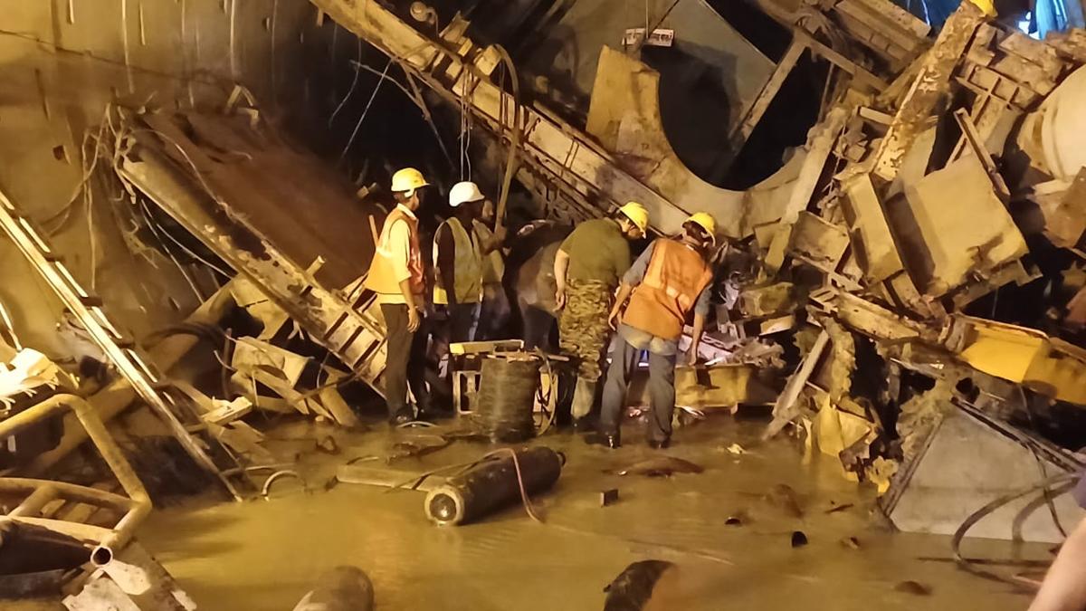 The damaged platform of the Tunnel Boring Machine (TBM) that has been cut to expedite debris removal at SLBC tunnel collapse site in Domalapenta in Nagarkurnool district.