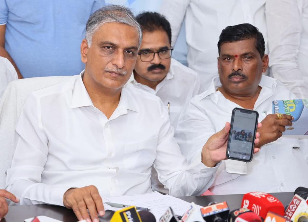 BRS leader T. Harish Rao speaking to newspersons at Patancheru on Friday.