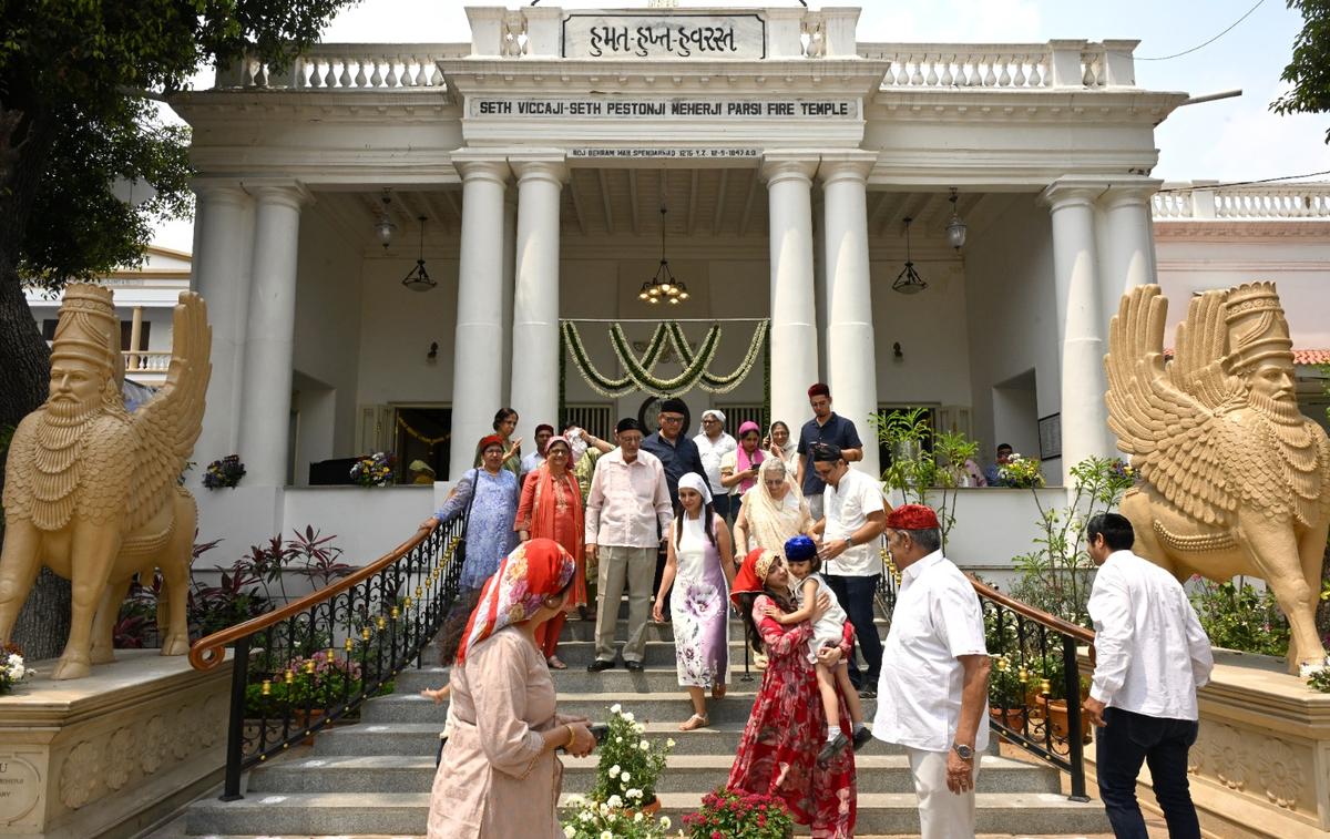 Devotees coming out a Fire Temple after offering prayers on the occasion of Nowruz in Secunderabad on Saturday as celebrations of renewal and new beginnings mark the arrival of spring. Devotees coming out a Fire Temple after offering prayers on the occasion of Nowruz in Secunderabad on Saturday as celebrations of renewal and new beginnings mark the arrival of spring.