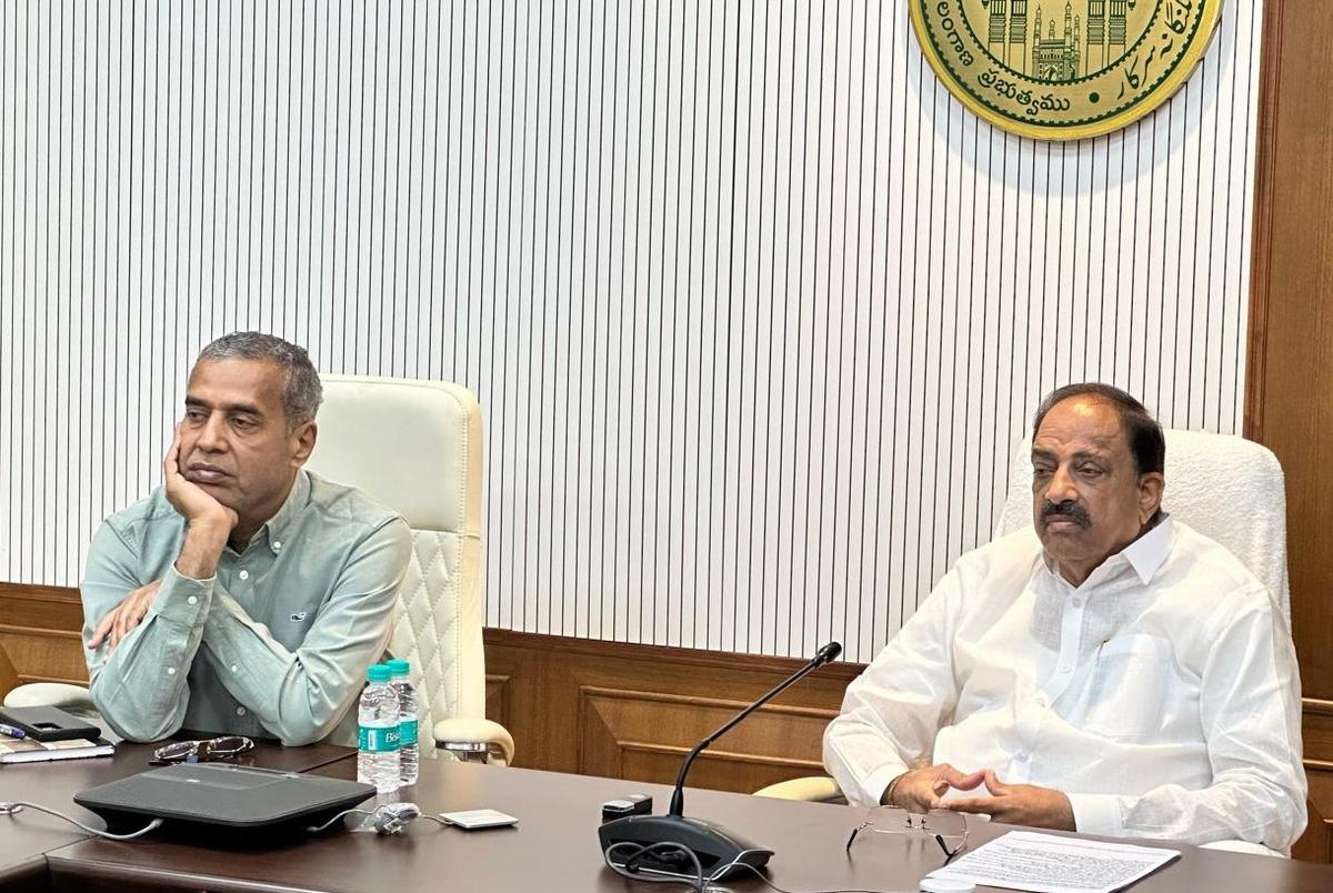 Agriculture Minister Tummala Nageswara Rao, Agriculture Secretary M. Raghunandan Rao at a meeting on Rythu Bharosa in Hyderabad on Saturday. 