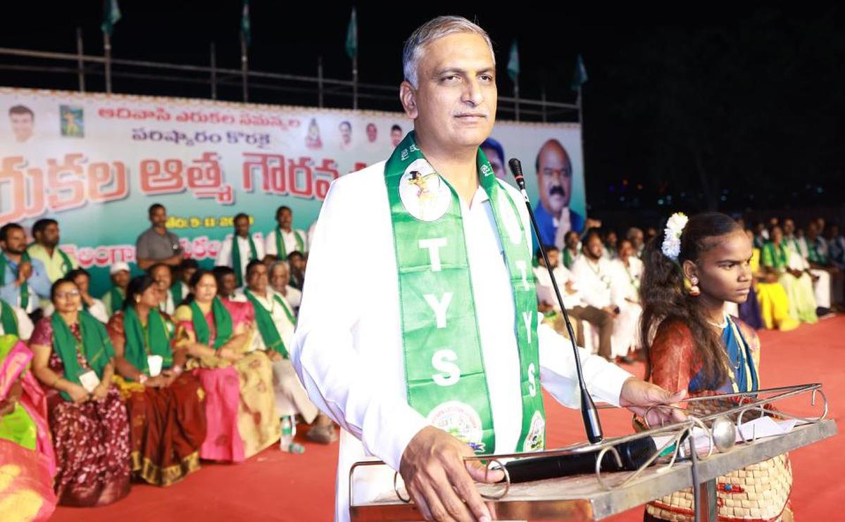 Harish Rao speaking at an Erukala community meeting in Hyderabad on Sunday.