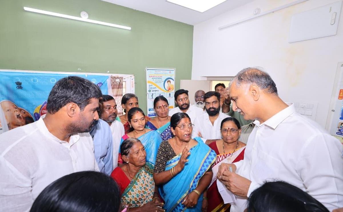 BRS leader T. Harish Rao speaking to a few patients at Old Lingampally Basti Dawakhana in Hyderabad on Tuesday. BRS leader T. Harish Rao speaking to a few patients at Old Lingampally Basti Dawakhana in Hyderabad on Tuesday.