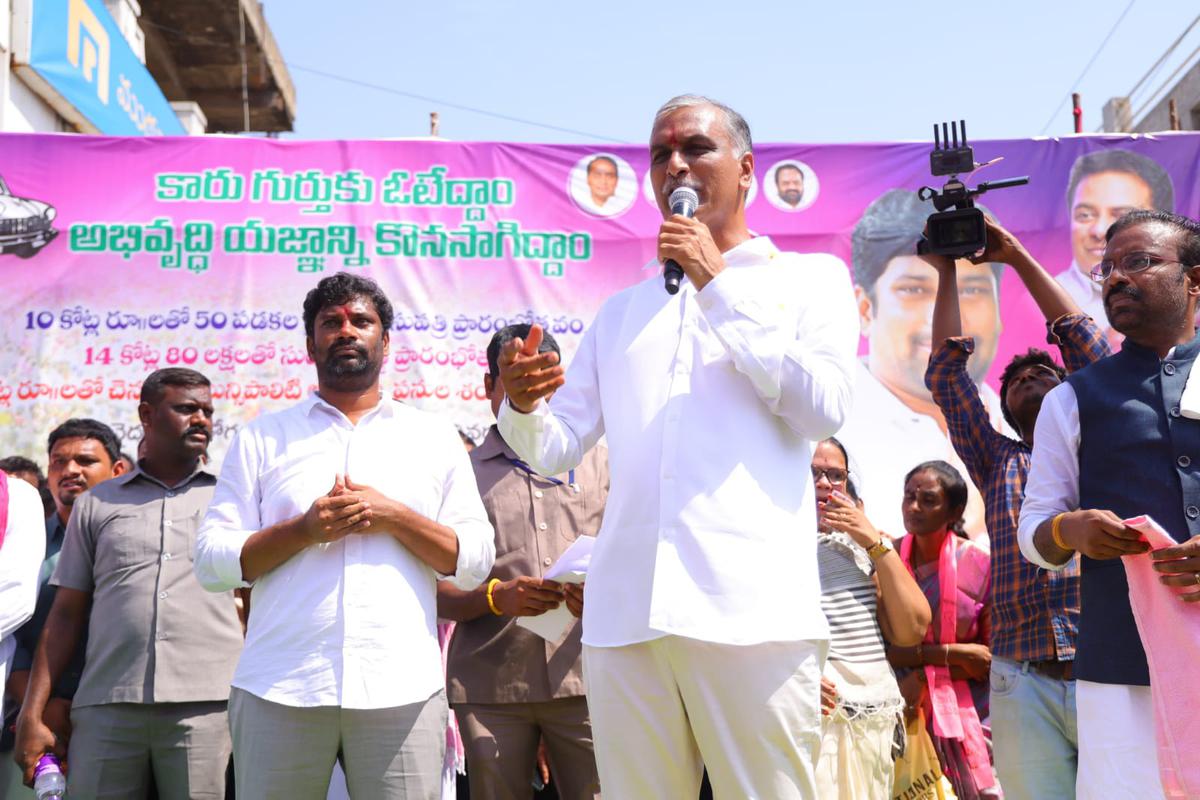 Minister for Health T. Harish Rao speaking at Chennur in Mancherial district on Saturday.