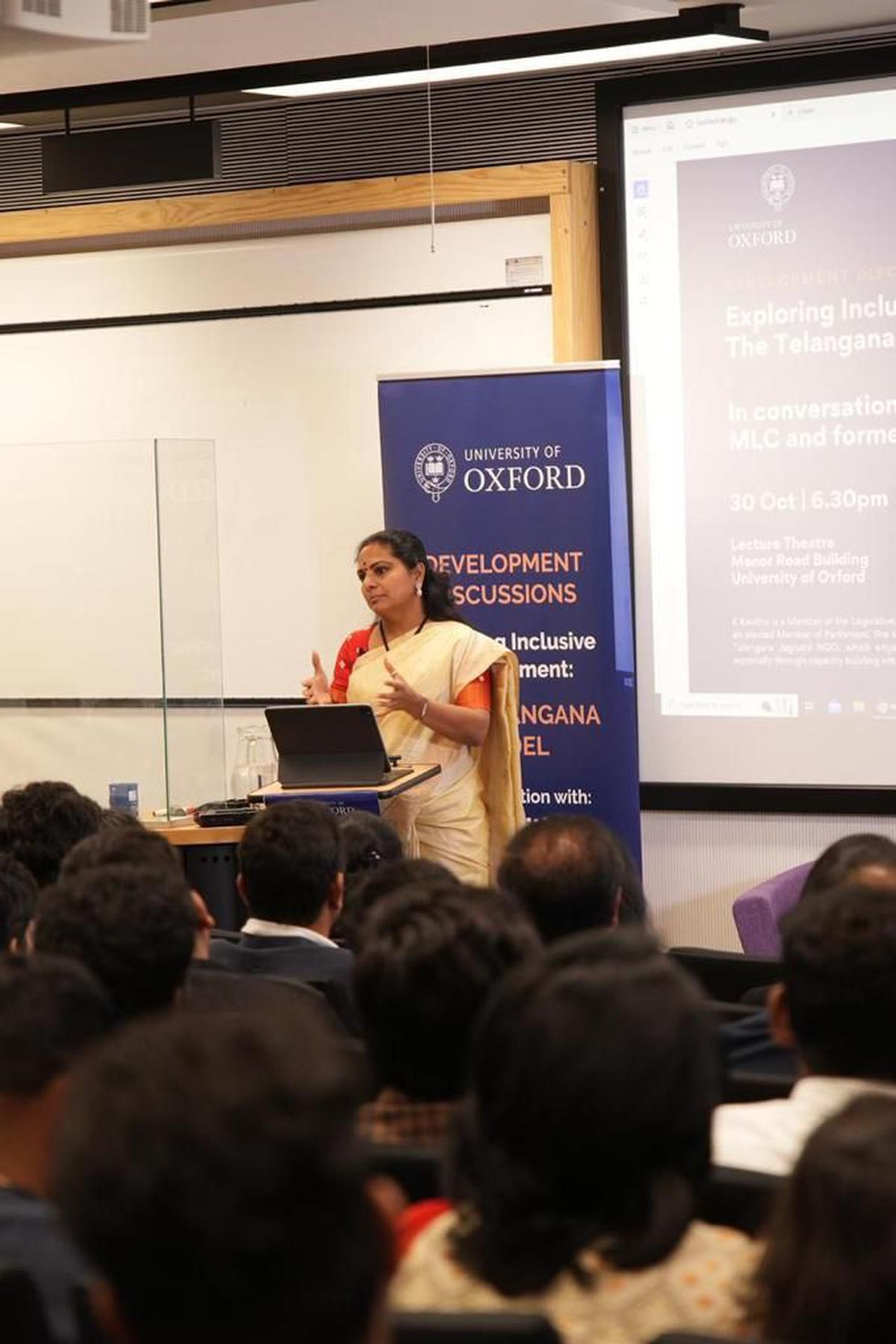 BRS leader K. Kavitha delivering a talk on Telangana Model of development at Oxford University, UK, on Monday night.