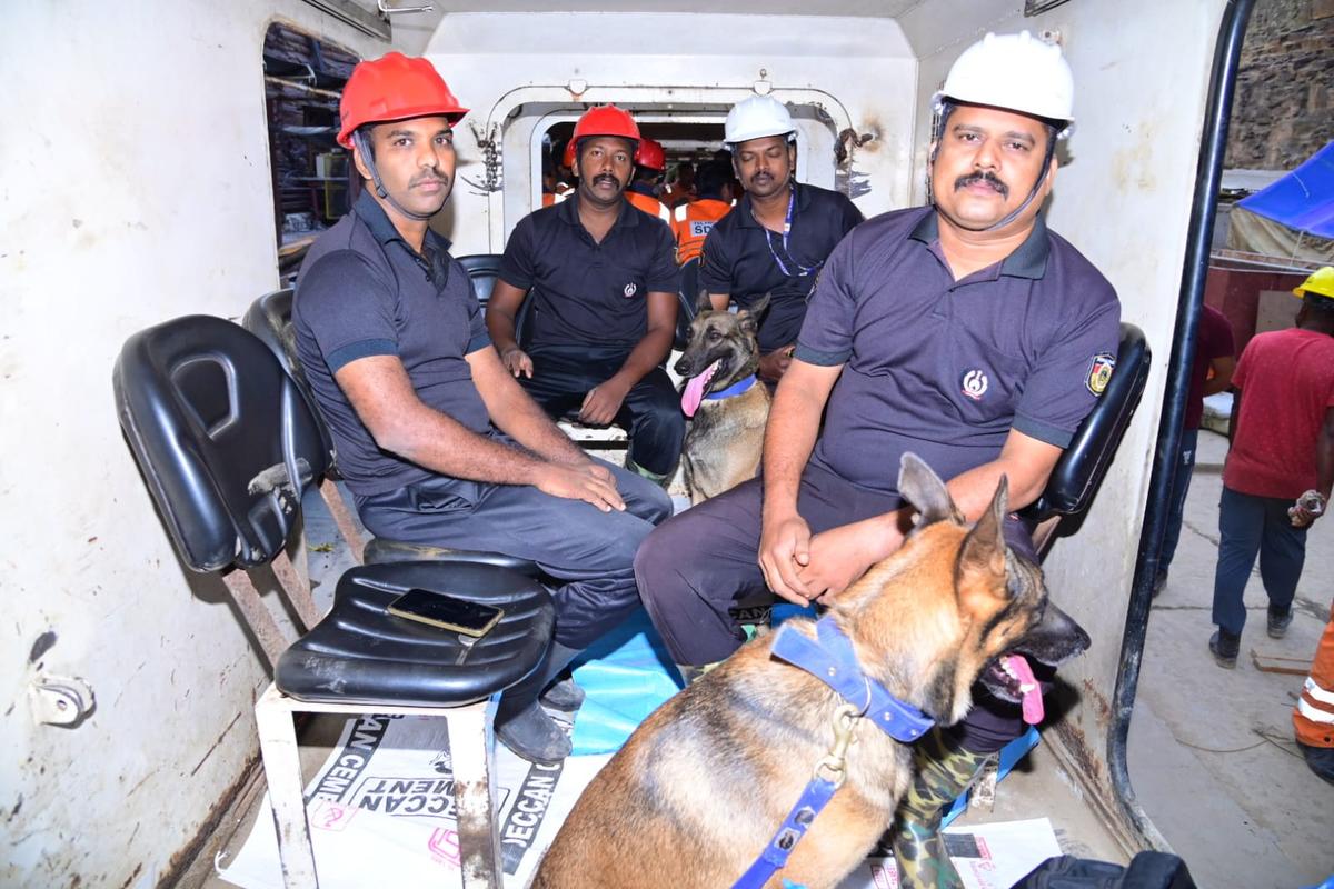 The two specialised sniffer dogs, trained to identify cadavers, travelling in the loco to reach the partially collapsed SLBC tunnel in Domalapenta in Nagarkurnool on Friday. The two specialised sniffer dogs, trained to identify cadavers, travelling in the loco to reach the partially collapsed SLBC tunnel in Domalapenta in Nagarkurnool on Friday.