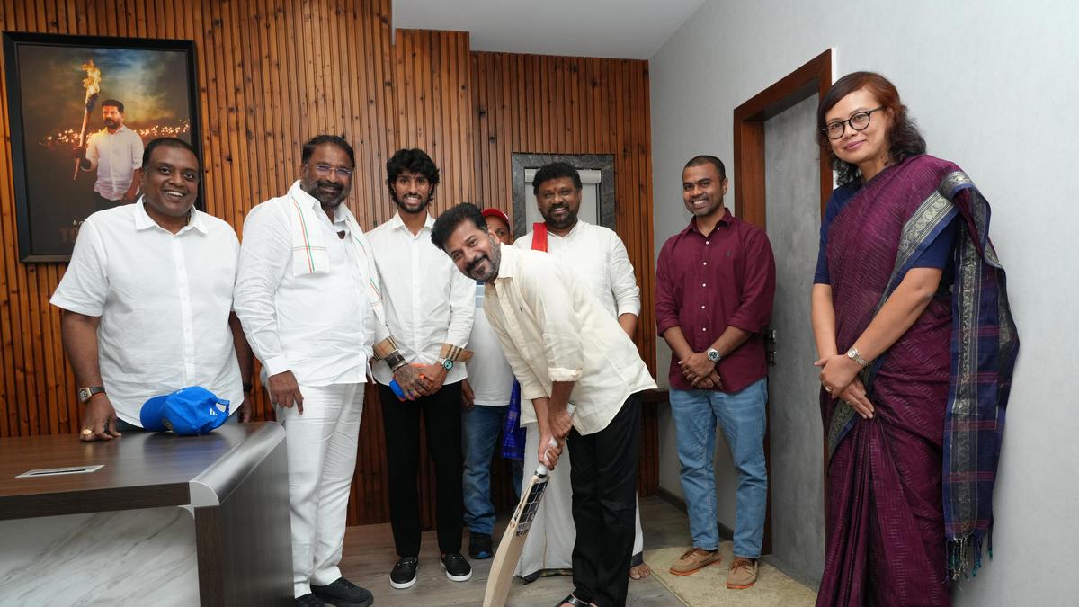 Asia Cup final hero Tilak Varma presents bat to Telangana CM Revanth Reddy