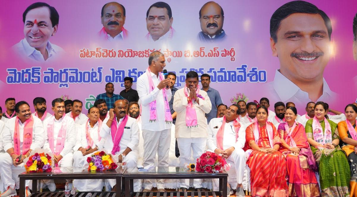 BRS leader speaking at a consttuency level meeting of the party at Patancheru on Sunday.