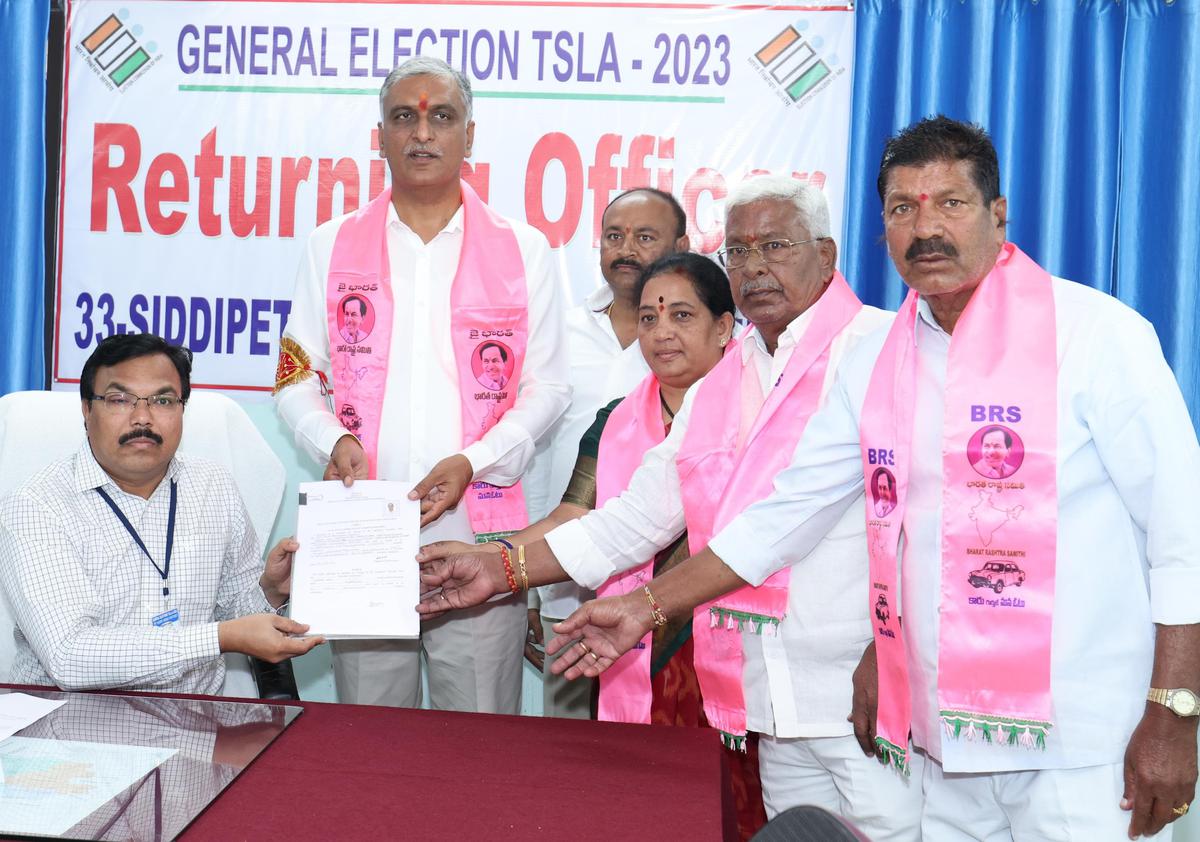 BRS leader and Minister T. Harish Rao filing his nomination papers in Siddipet on Thursday.