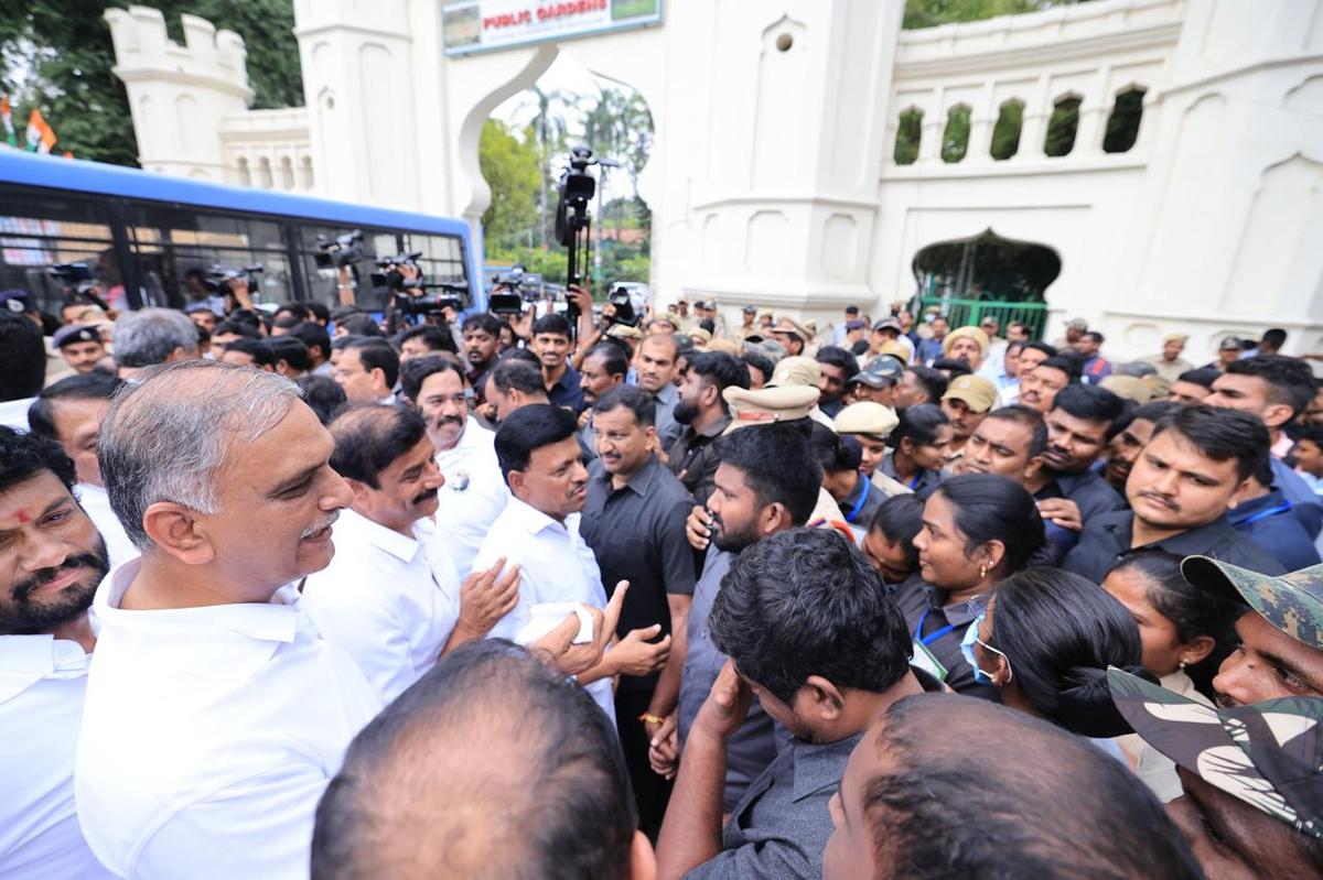 BRS leaders arguing with the police personnel at the entrance of the Legislative Assembly premises in Hyderabad on Monday.