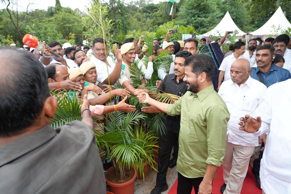 Telangana Chief Minister Revanth Reddy greeting people at the Vana Mahostsavam 2025, launched by the State Government at the Prof Jayashankar Telangana Agricultural University in Hyderabad on July 7, 2025. 