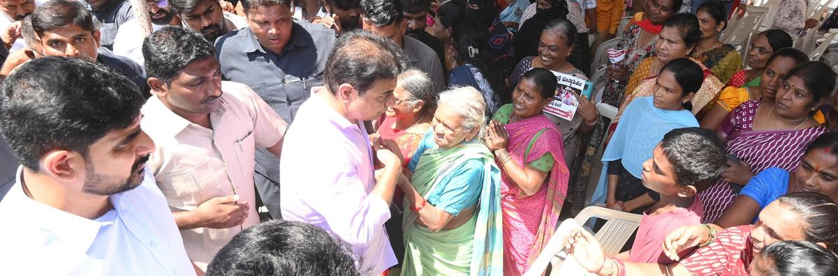 BRS working president K.T. Rama Rao interacting with people facing displacement in Hyderabad on Tuesday.