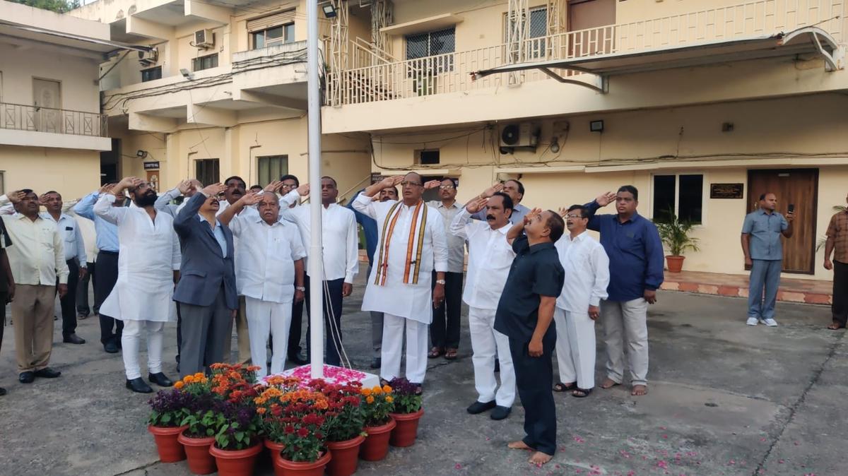 Legislative Council Chairman G. Sukender Reddy and others saluting the national flag (not in pic) on the occasion of National Integration Day in Hyderabad on Sunday.