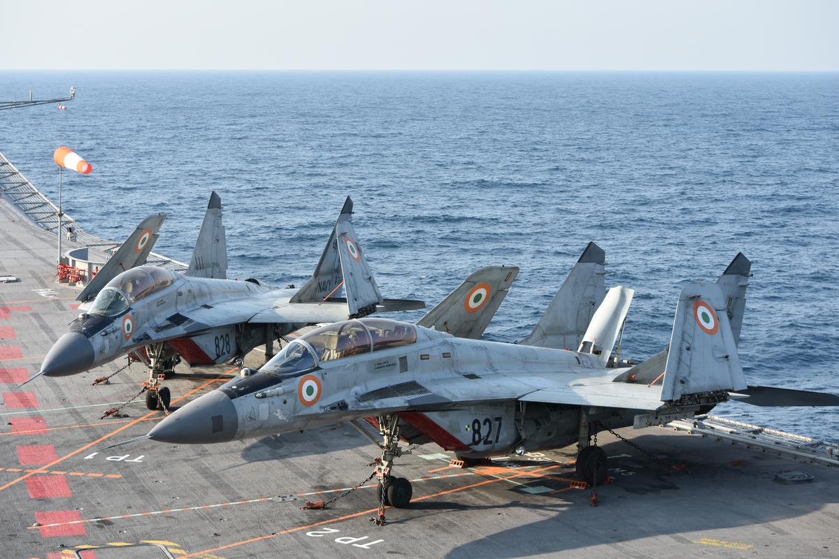 MiG-29K jet on the flight deck of INS Vikramaditya