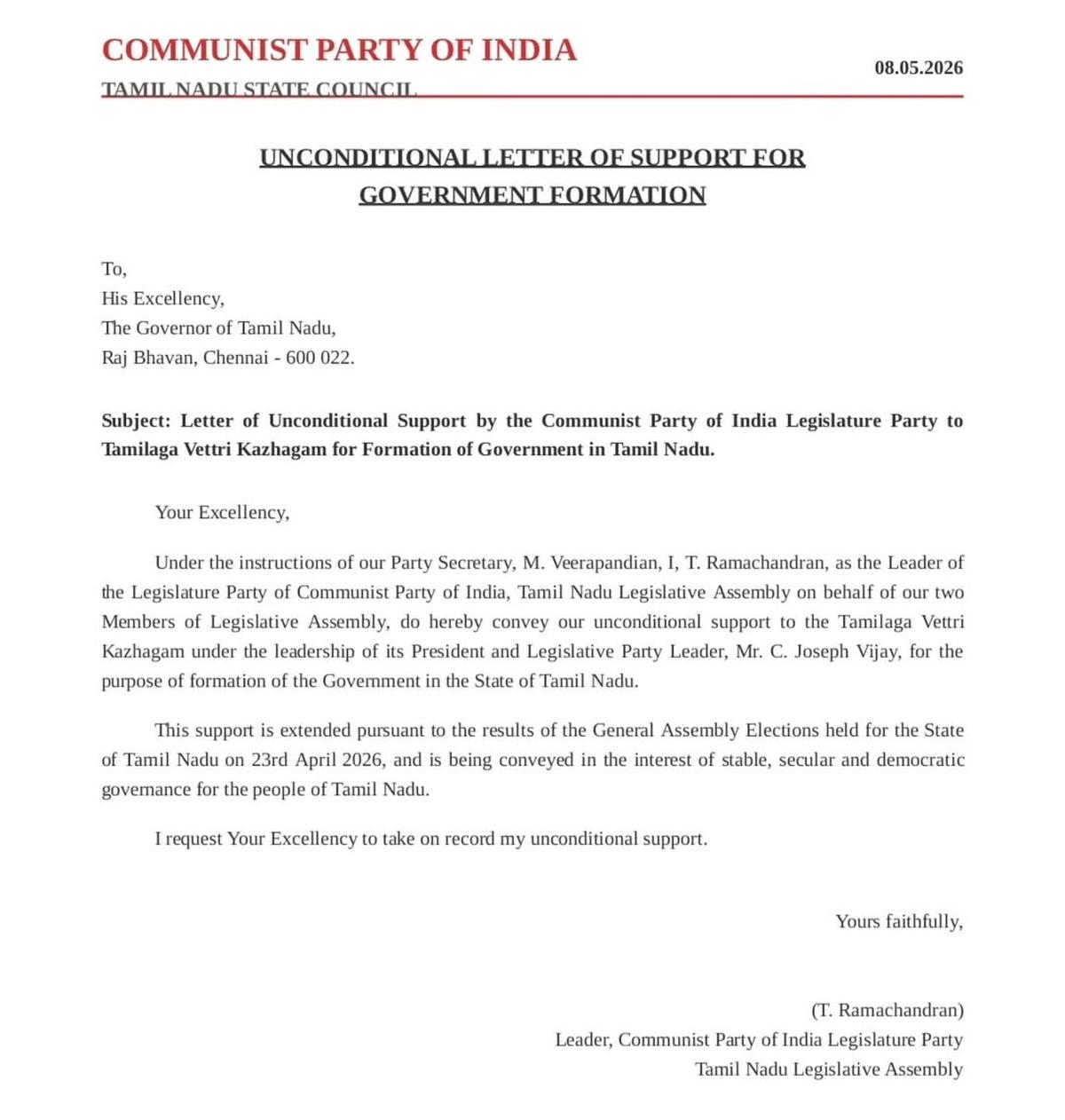A carta enviada pelo Sr. Ramachandran disse que o apoio foi transmitido no interesse de uma governança estável, secular e democrática para o povo de Tamil Nadu. Foto de : Special Arrangement