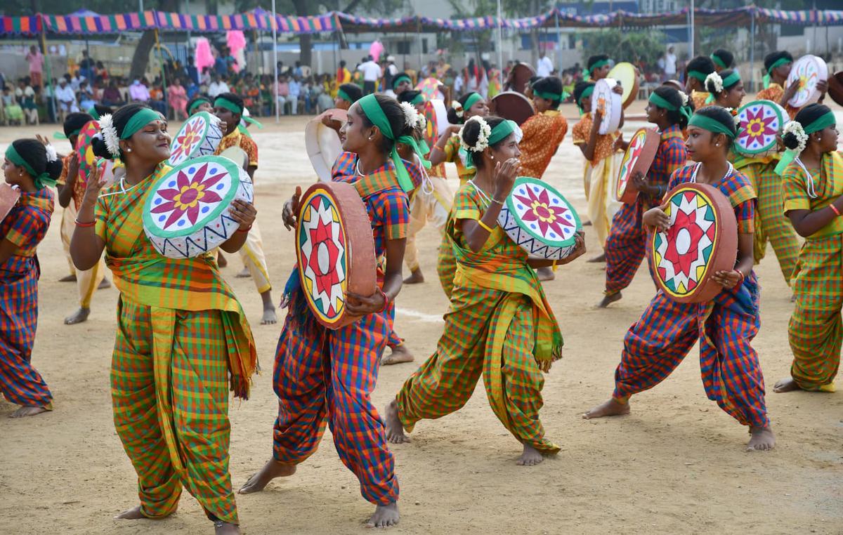 Students performing a cultural program on the occasion of the 74th Republic Day celebrations at VOC Park grounds in Coimbatore on January 26, 2023. 