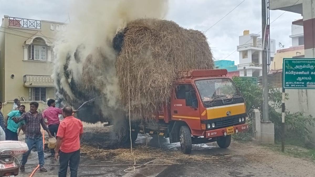 Straw on truck catches fire after touching live wire