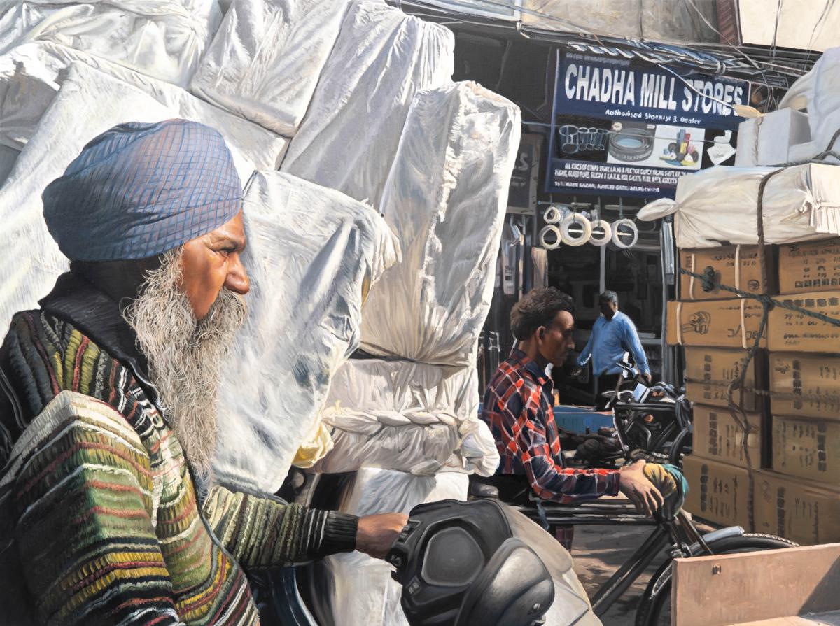 Oil painting by Yigal Ozeri depicting the Chandni Chowk market in Delhi.