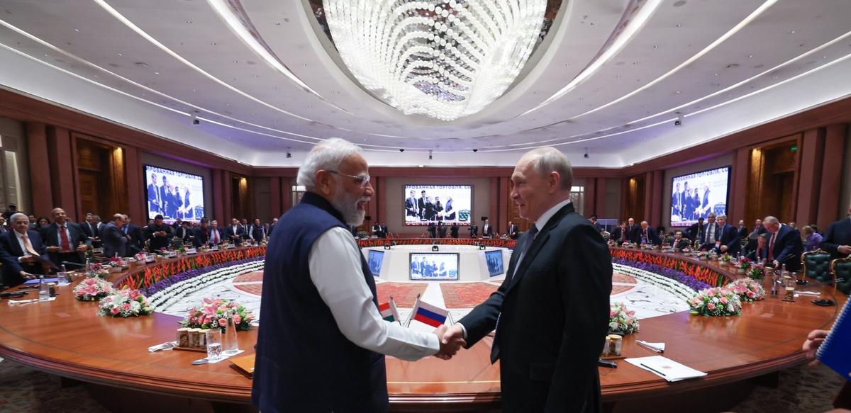Mr. Modi and Mr. Putin, during the India-Russia Business Forum, at Bharat Mandapam in New Delhi on December 5, 2025. Picture: X/@narendramodi
