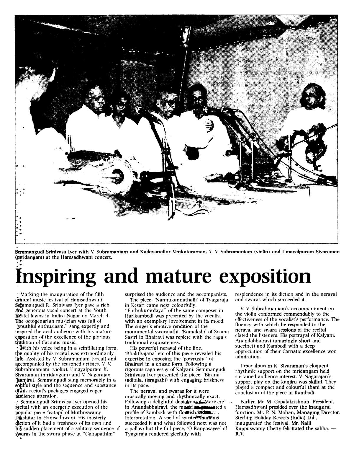 Review of Semmangudi Srinivasa Iyer’s concert published in The Hindu in 1996.