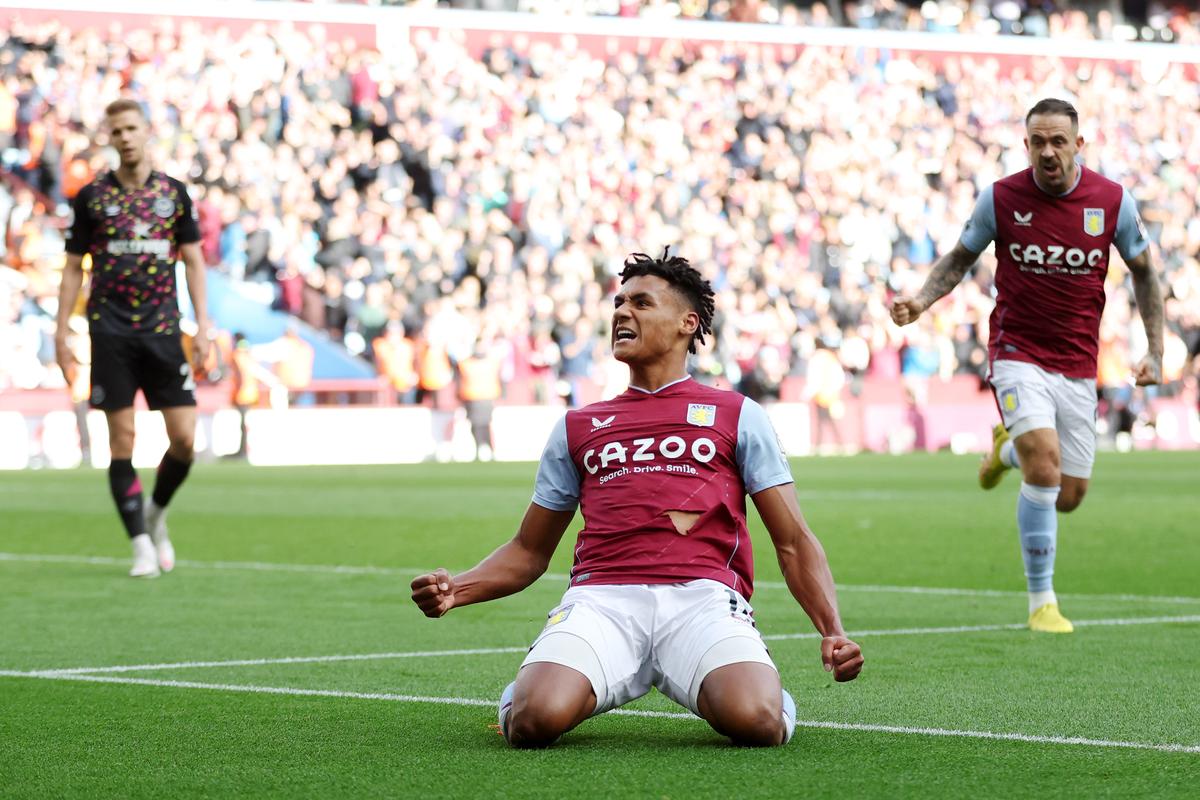 Ollie Watkins celebrates rounding off the scoring in Aston Villa’s 4-0 win against Brentford on Sunday. 