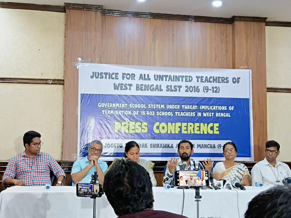 The teachers hold a press conference at the Delhi Press club on July 24, 2025.