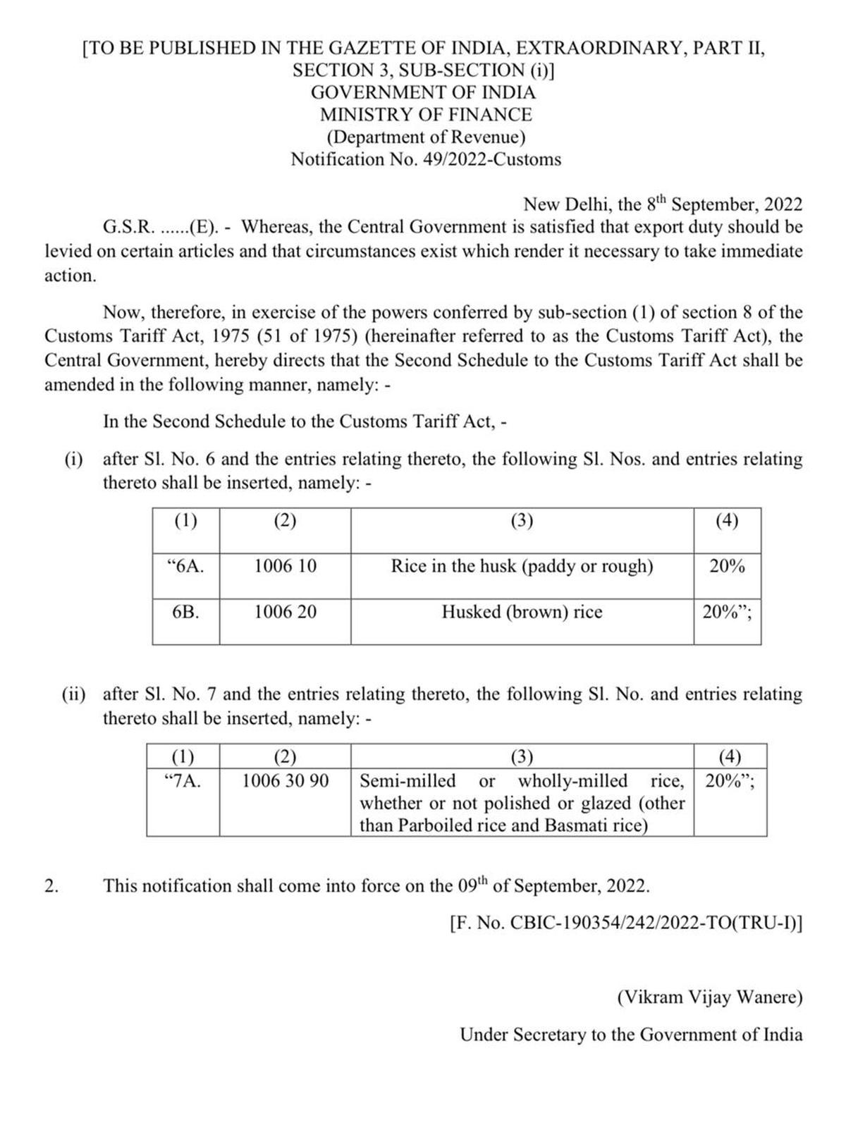 The notification issued by the Centre, announcing export duty of 20% on rice, brown rice, and semi-milled as well as wholly milled rice, on September 8, 2022. Photo: Special Arrangement