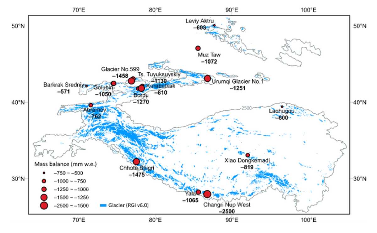 Preliminary estimations of the 2021–2022 mass balance of glaciers in the High Mountain Asia region. The area indicated by grey contours is 2,500 metres above sea level. Preliminary estimations of the 2021–2022 mass balance of glaciers in the High Mountain Asia region. The area indicated by grey contours is 2,500 metres above sea level.