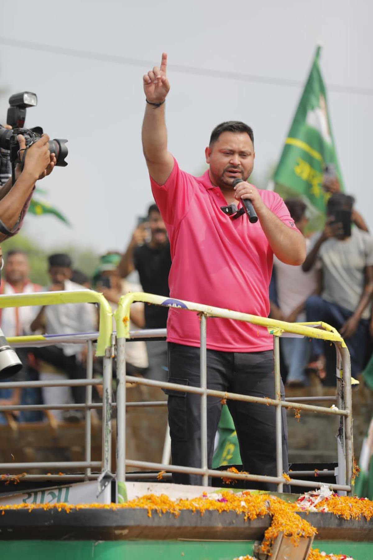 Tejashwi Yadav at the Bihar Adhikar Yatra in Samastipur district on Saturday.