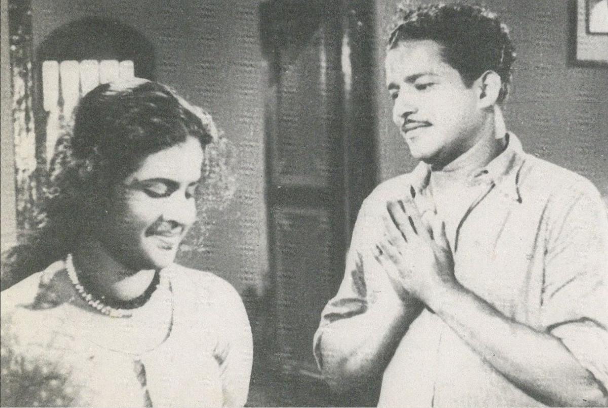 Miss Kumari and Sathyan in a still from the 1954 film Neelakuyil. The film was  directed by Ramu Kariat with screenplay by poet P. Bhaskaran. 