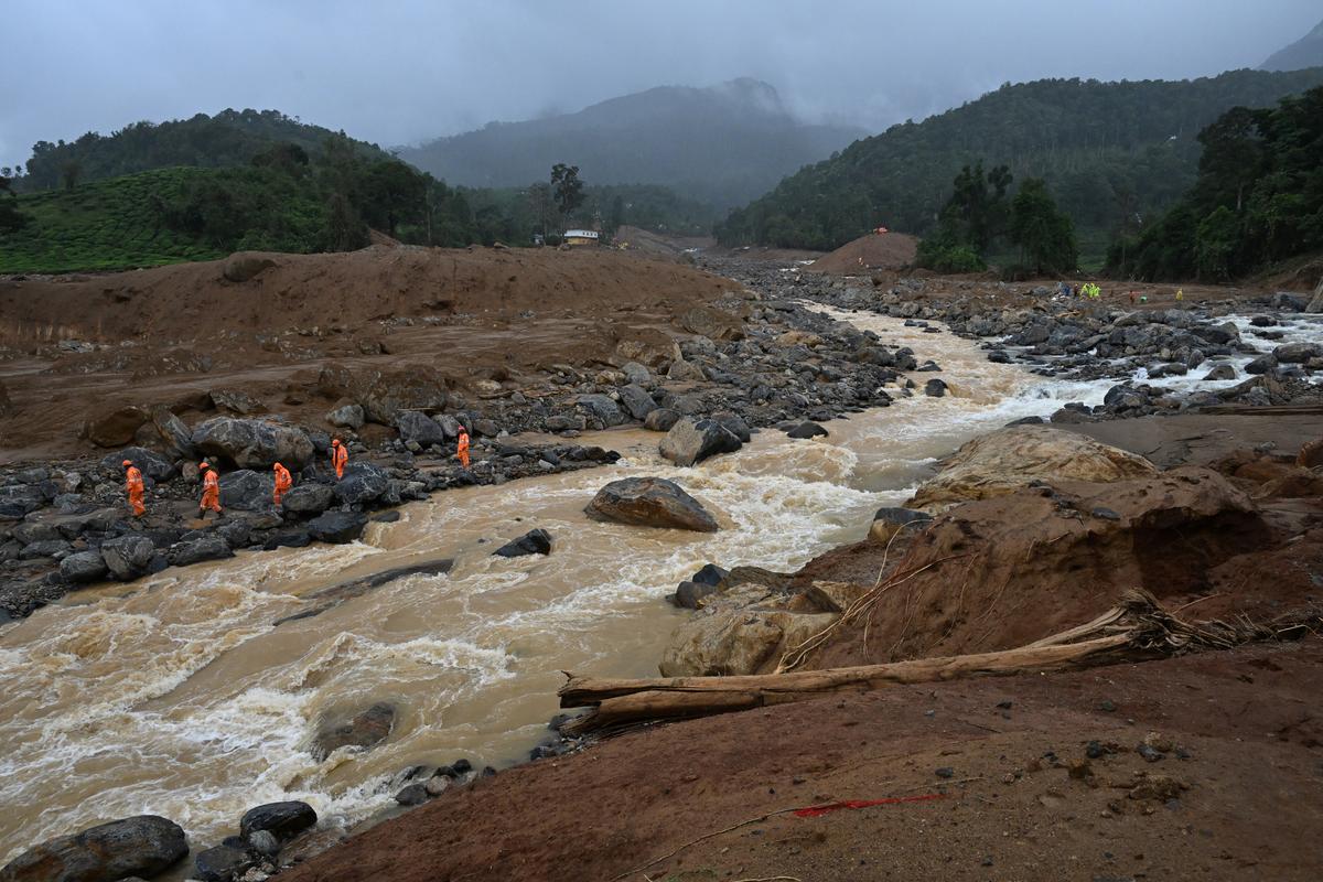Kerala is prone to landslides and flash floods during the southwest monsoon season. The photo shows NDRF personnel searching for bodies after a major landslide in Chooralmala, Wayanad in July, 2024. 