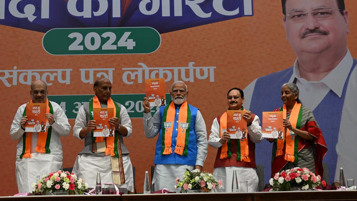 At BJP manifesto launch, PM Modi references ‘global unrest’ to call for an ‘unequivocal majority’ for his govt.