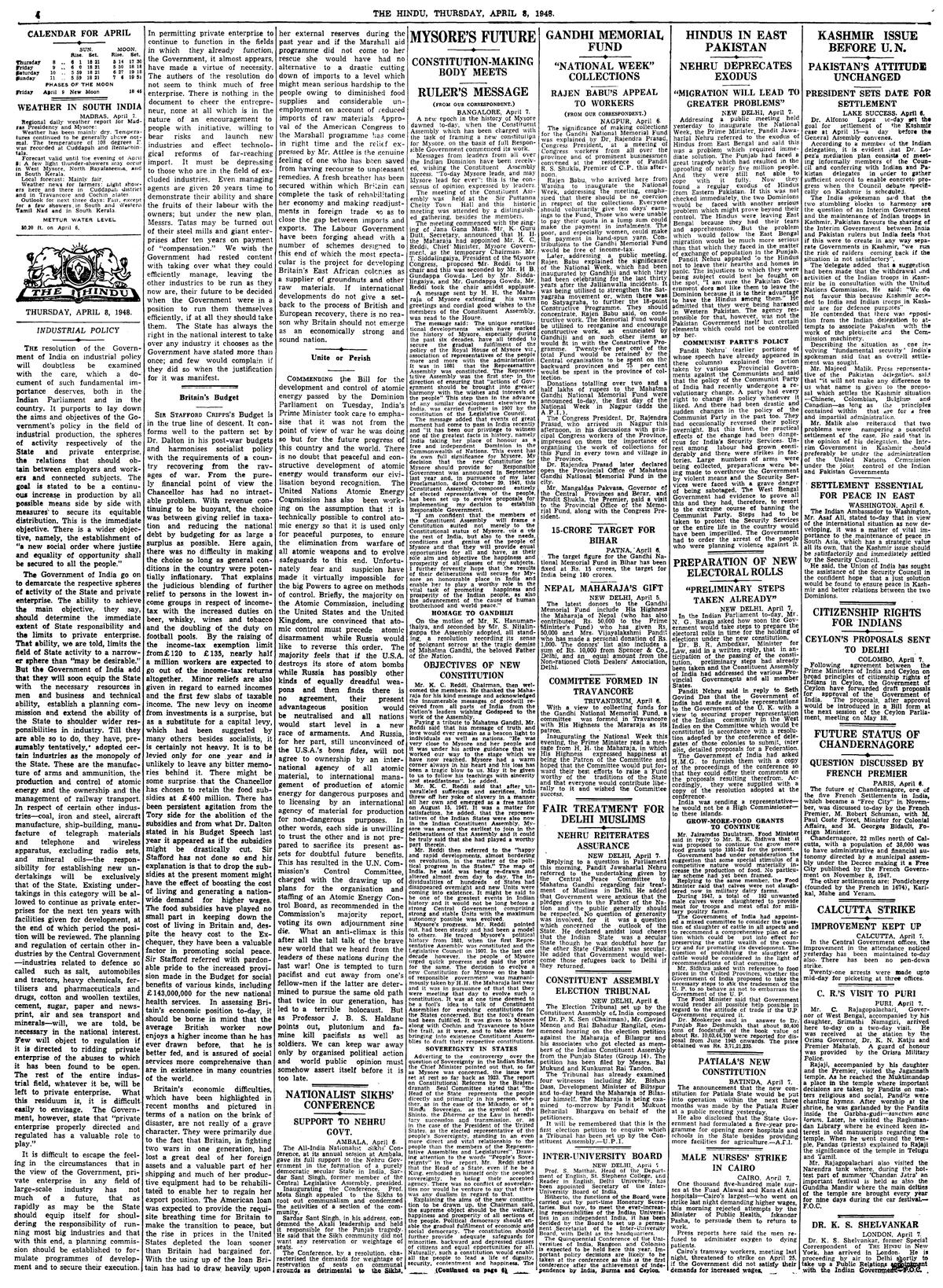 The Hindu’s front page on April 8, 1948.