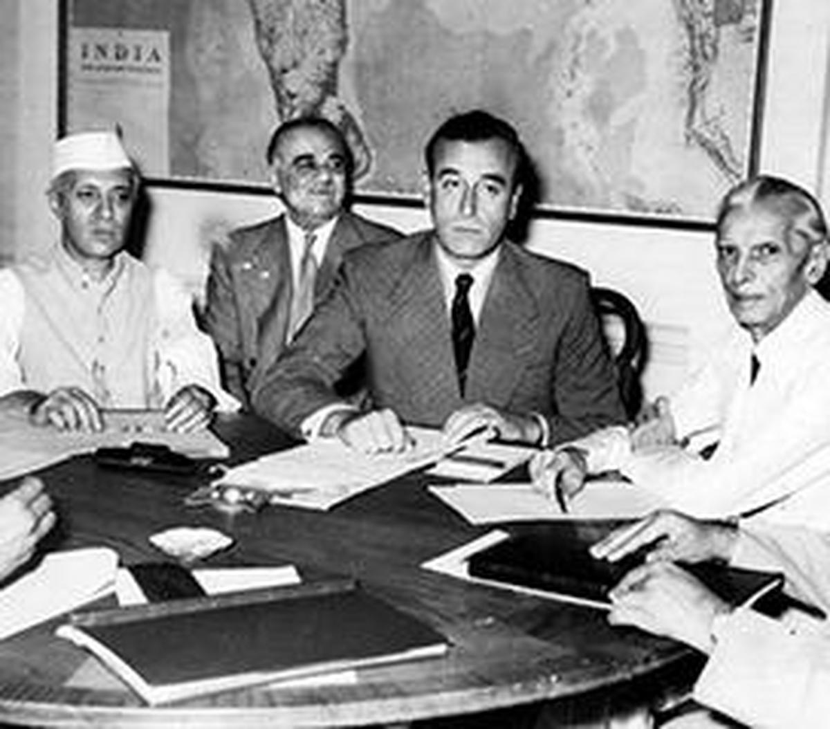 At the historic conference in New Delhi on June 07, 1947 at which Lord Mountbatten disclosed Britain's 'partition' plan for India. (left to right) Jawaharlal Nehru, Lord Ismay, Adviser to the Viceroy, Lord Mountbatten, and M.A. Jinnah, President of the All-India Muslim League.