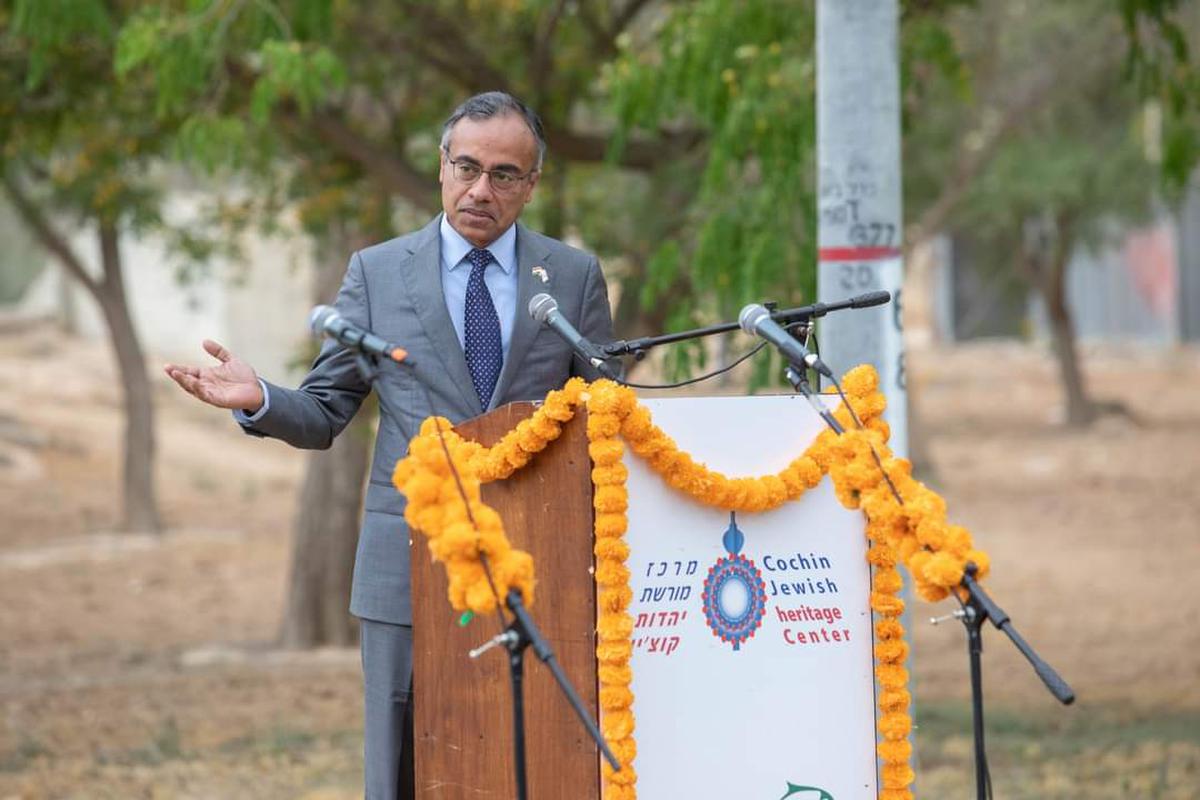 Indian ambassador to Israel Sangeev Singla speaks during the foundation-laying ceremony for the Heritage and Cultural Center of Indian Jews in Nevatim, Israel, on Thursday, June 8, 2023.