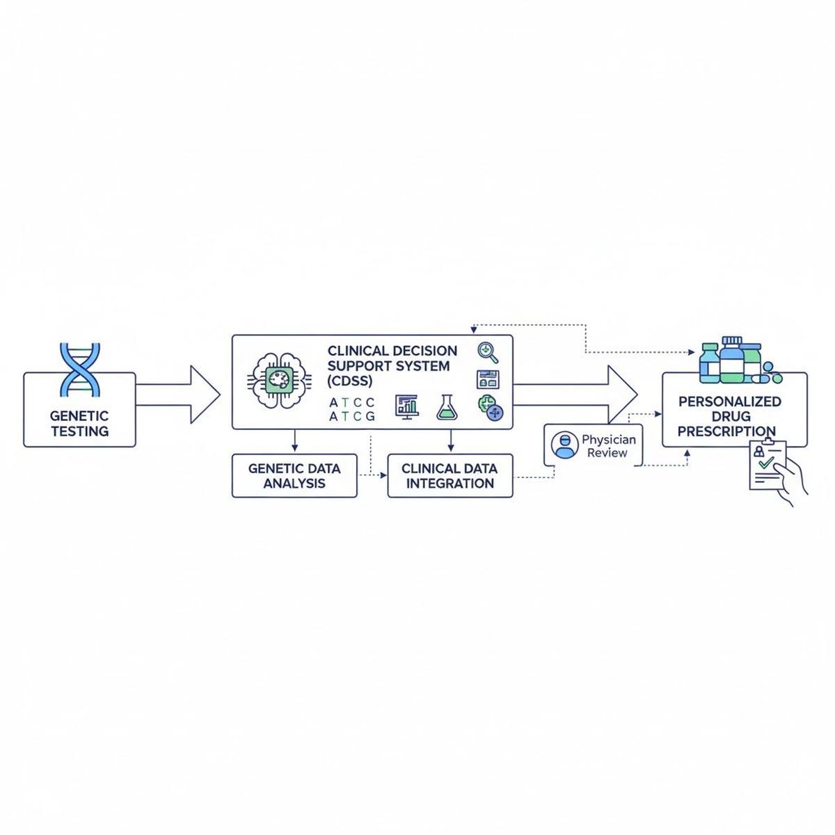 Flowchart illustrates the pathway from genetic testing through clinical decision support systems to tailored drug prescriptions, emphasizing the integration of genomics into healthcare workflows.